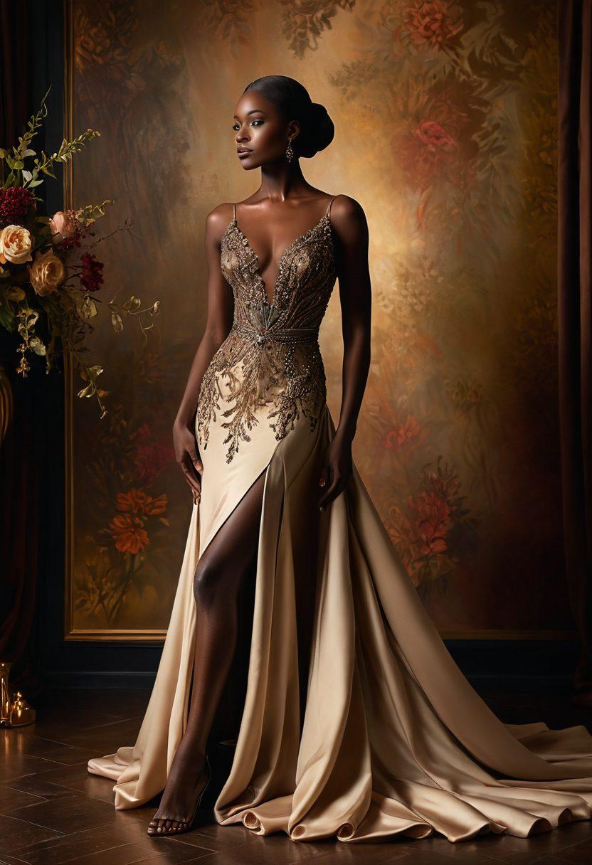 An elegant dark-skinned performer exuding sensuality, dressed in a sophisticated, flowing gown that highlights their curves. The backdrop features a luxurious stage adorned with soft lighting, creating an intimate atmosphere. Delicate floral arrangements complement the scene with touches of deep, rich colors. Captivating expressions and body language should convey confidence and allure. painterly style. warm tones. dramatic shadows.