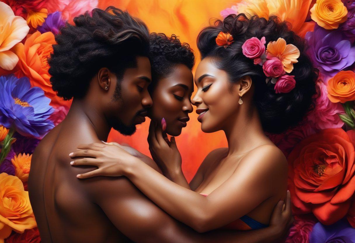 A striking portrait of a dark-skinned couple entwined in a passionate embrace, set against a backdrop of rich, swirling colors symbolizing diverse emotions and pleasures. Incorporate elements of nature around them, like blooming flowers and soft, flowing fabrics that enhance a sense of intimacy. Highlight their joy and confidence, showcasing beauty in diversity. The atmosphere should evoke warmth, inviting the viewer into a world of sensuality and celebration. super-realistic. vibrant colors. 3D.