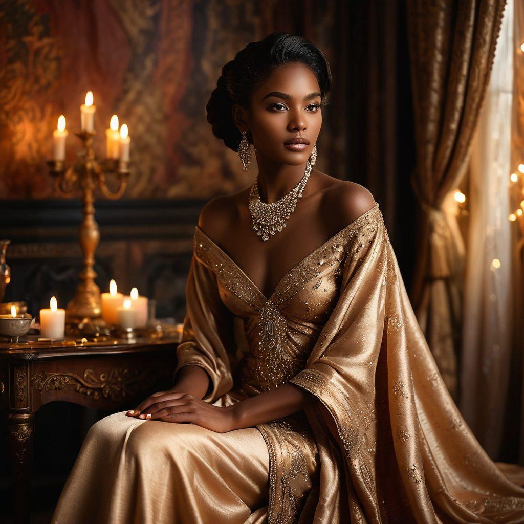 A captivating scene featuring a dark-skinned model exuding confidence and grace, adorned in luxurious fabrics and subtle jewels, set against an intimate backdrop of softly lit candles and plush textiles. The atmosphere should radiate warmth and allure, showcasing the beauty of dark skin in a tasteful and artistic manner. Include elements of elegance such as flowing drapes and vintage furniture. super-realistic. vibrant colors. soft lighting.